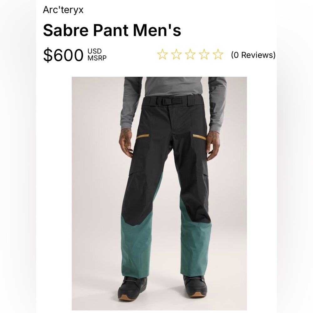 NWT Arc'teryx Sabre Pants Men's Black and Teal Ski Pants Size LT